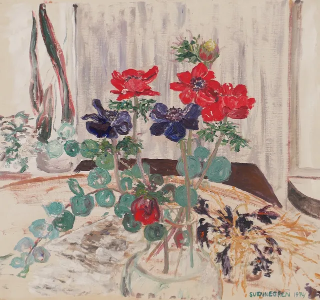 SOLVEIG SVENNEGREN. "Annemoner", stilleben, olja på duk, signerad Svennegren 1974.