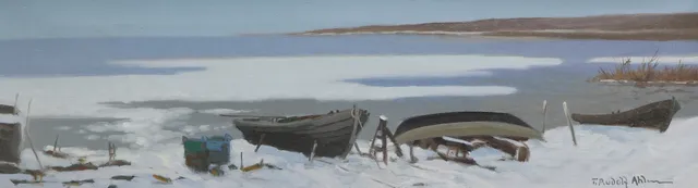 TAGE RUDOLF AHLM. Olja på duk, vinterlandskap vid sjö, signerad.