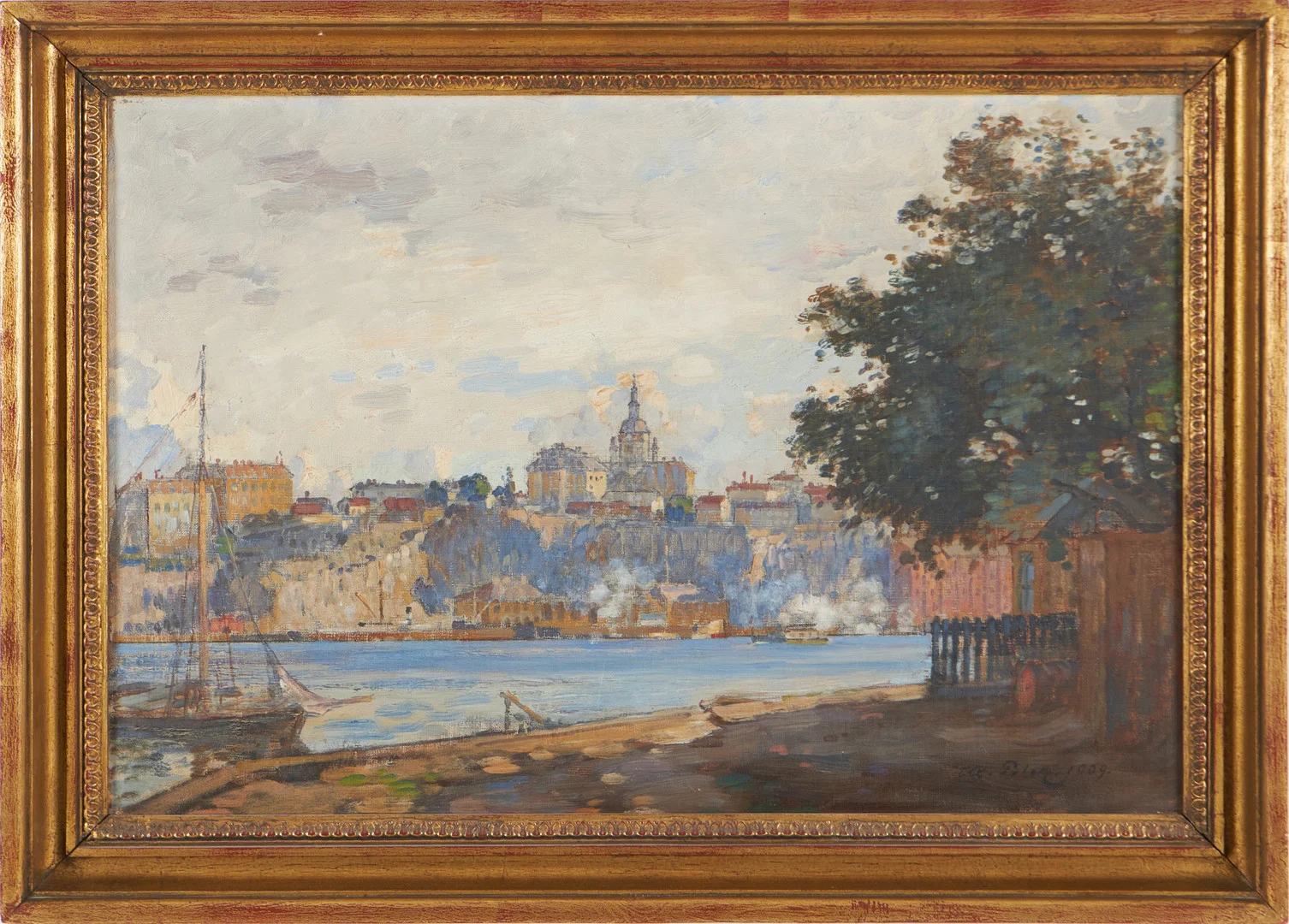 AXEL PETER (1863-1942). Vy från Kastellholmen över Katarina-Sofia med fiskebåt i förgrunden, olja på duk, signerad Ax. Peter, 1909. — Paintings — Stockholms Auktionsverk Magasin 5