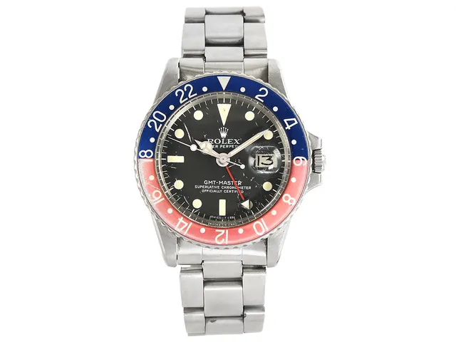 ROLEX, Oyster Perpetual, GMT-Master (Swiss-T<25), Chronometer, Ref nr. 1675, Serie nr. 3100410, Cal 1570, Verk nr. D194056, Boett nr. 1675 (II 71), herrur, 39 mm, stål, automatisk, plexiglas, datum, Oysterlänk, viklås, Ref nr. 78360-1.76/580, tillverkad andra kvartalet 1971, cert, maj 1977.