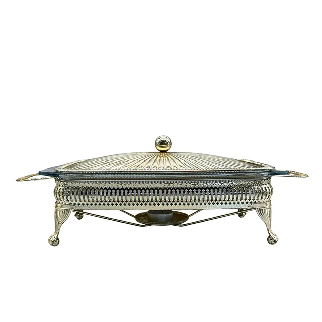 BRITISCHE SERVIERSCHALE AUS METALL MIT HITZEBESTÄNDIGEM PYREX-GLAS.