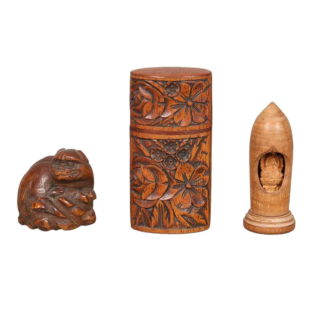 A JAPANESE CARVED BOXWOOD NETSUKE OF A KAPPA, MEIJI PERIOD (3).