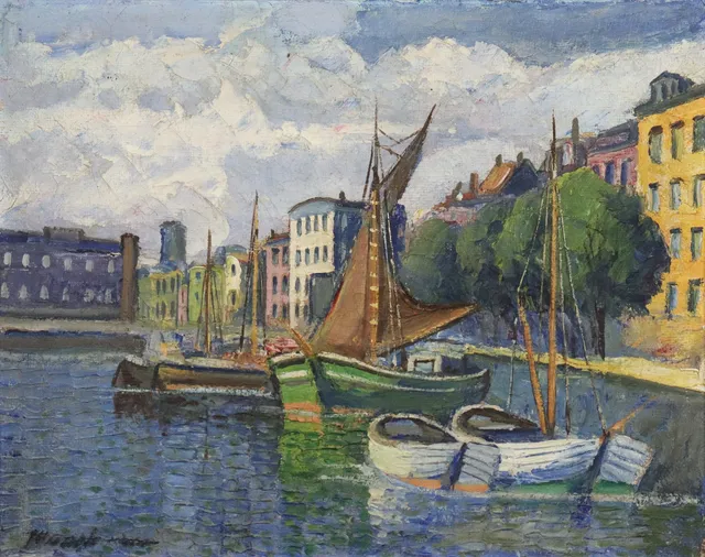JENS KONGSHAMMER (DANMARK, 1884-1954), olja på duk, stadshamn.