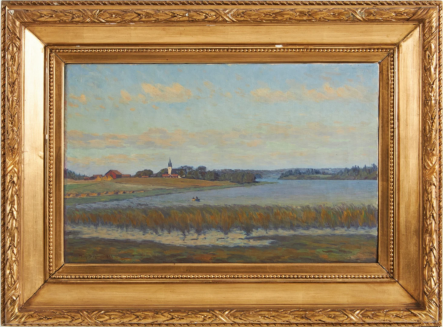 WILHELM BEHM (1859-1934) Insjölandskap med Fröstuna kyrka, Gnesta. oljemålning på duk, signerad och daterad Vilh. Behm 1903. — Paintings — Stockholms Auktionsverk Magasin 5