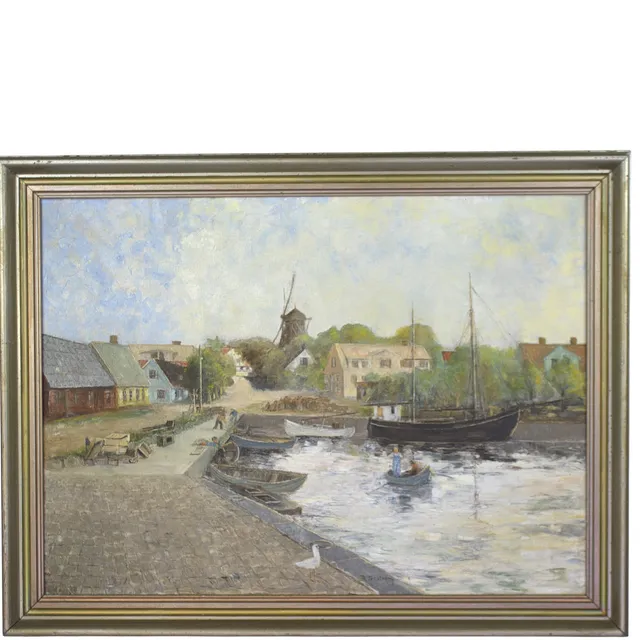 BROR TELLSTRÖM. Olja på duk, hamnbild med båtar och hus, signerad, 1900-tal.