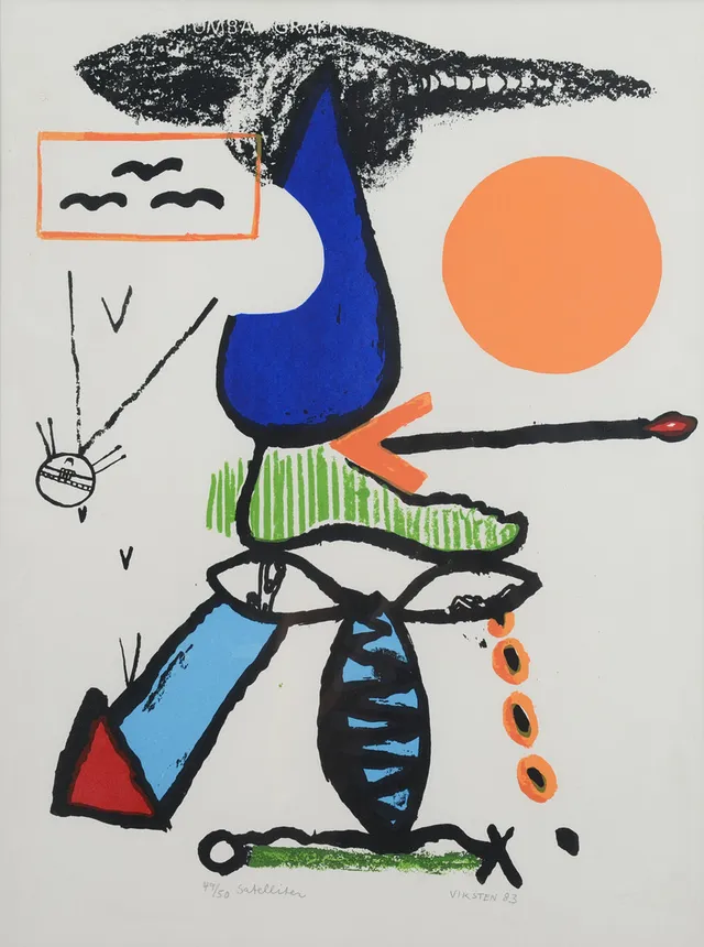 HANS VIKSTEN. "Satelliten", färglitografi, signerad, numrerad 49/50 samt daterad -83.