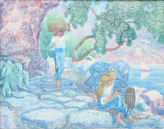 CARL PALME (1879-1960). Träsnitt, "Vinbärare vid havet".