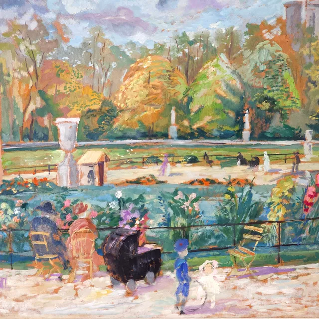 EMILI GRAU SALA. "Jardines de París". Óleo sobre táblex.