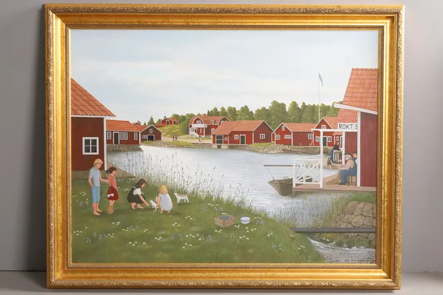 ERKERS MARIE PERSSON. AKRYL PÅ PANNÅ, barn vid fiskehamn, signerad 2007.