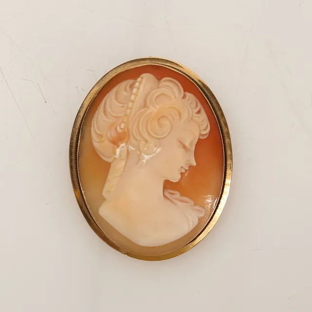 BROSCH/HÄNGE, camé med skuret snäckskal föreställande klassisk kvinnoprofil, monterad i ram av 18k guld, 1900-tal.