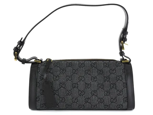 VÄSKA, GUCCI, svart tyg med monogram, svart läder, detaljer i gulmetall, 25x10x6cm, dustbag.