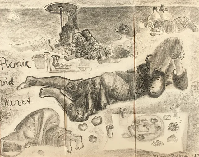 GUNNEL FRIEBERG (Malmö 1919-2010 Skarpnäck). "PICNIC VID HAVET", signerad och daterad 11-1-78, kolteckning.