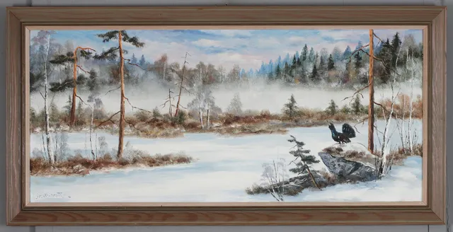 FINGAL WINROTH. Vintermotiv med tjäder, olja på pannå, signerad.
