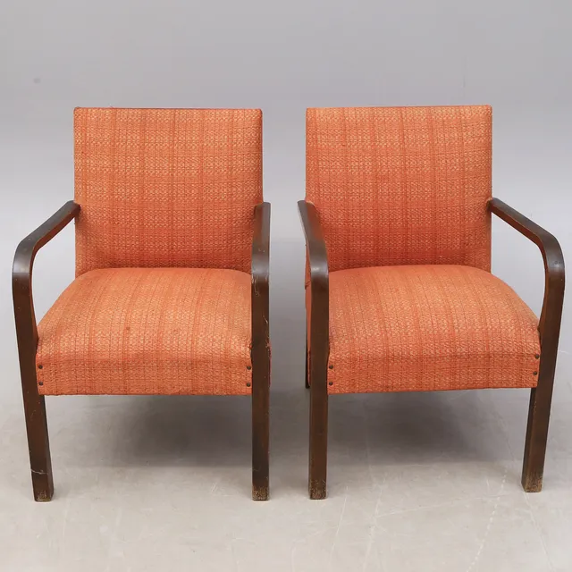 FÅTÖLJER 2 st, trä/textil, ca 1960.