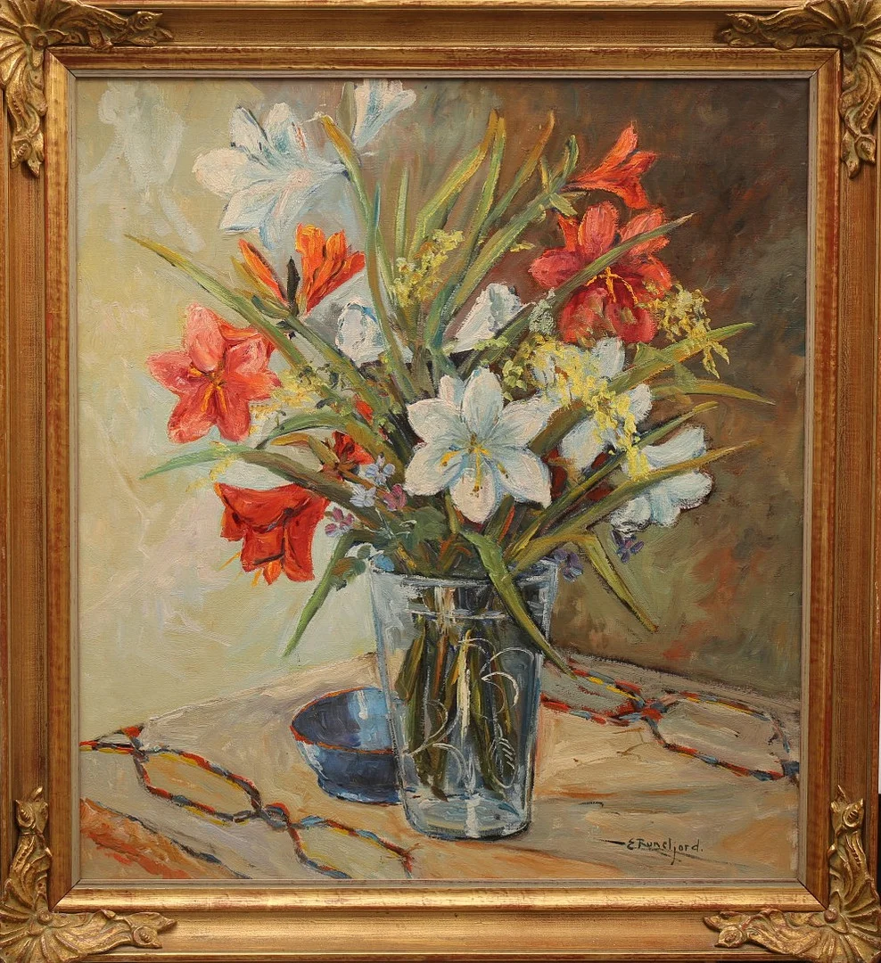 EMIL RUNEFJORD. Olja på duk, blomsterstilleben, signerad E Runefjord, daterad. — Paintings — Limhamns Auktionsbyrå