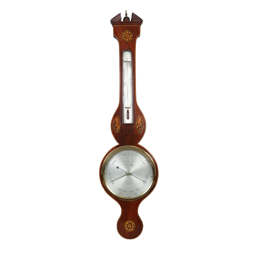 A 19TH CENTURY MAHOGANY AND MARQUETRY INLAID BANJO BAROMETER. — Technica & Nautica — Bishop & Miller