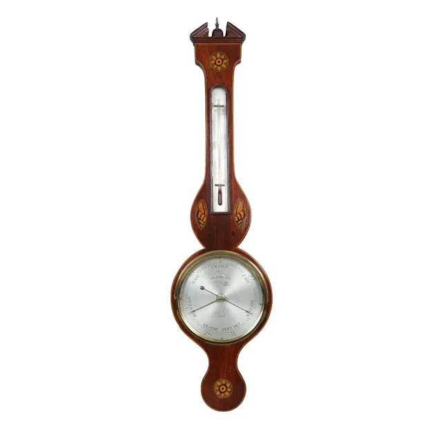 A 19TH CENTURY MAHOGANY AND MARQUETRY INLAID BANJO BAROMETER.