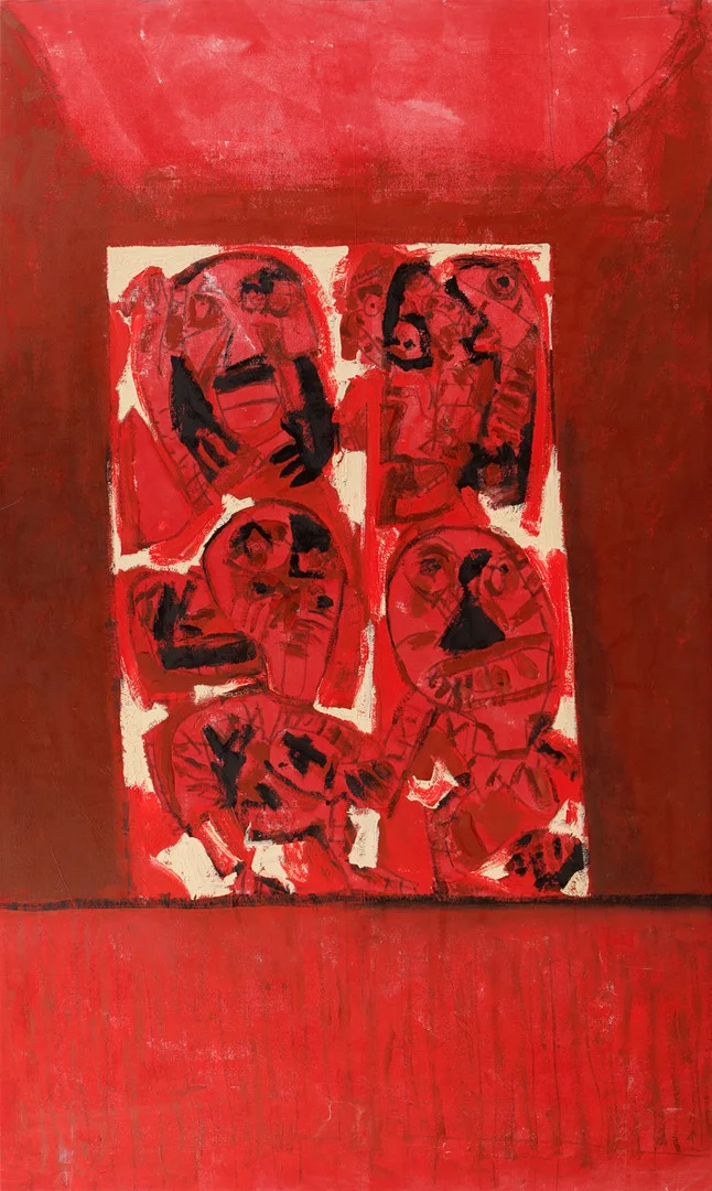 VALTER GIBSON (1928-2002). Komposition med ansikten, blandteknik på duk, ej signerad. — Paintings — Göteborgs Auktionsverk