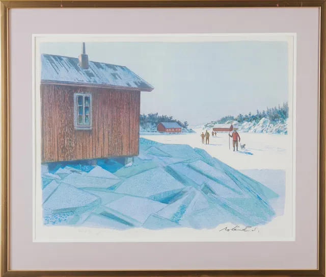 ROLAND SVENSSON. Söndag på isen- Möja, litografi, signerad och numrerad.