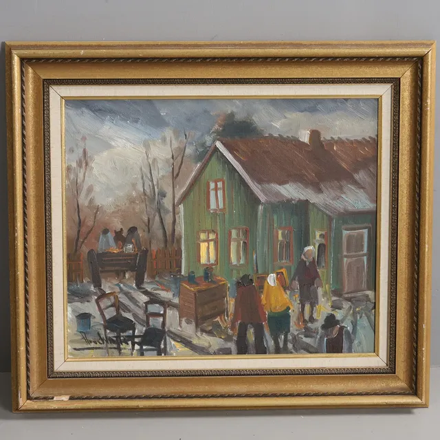 ARNE WALLSTEN. TAVLA. Olja på duk, "Gårdsauktionen", signerad.