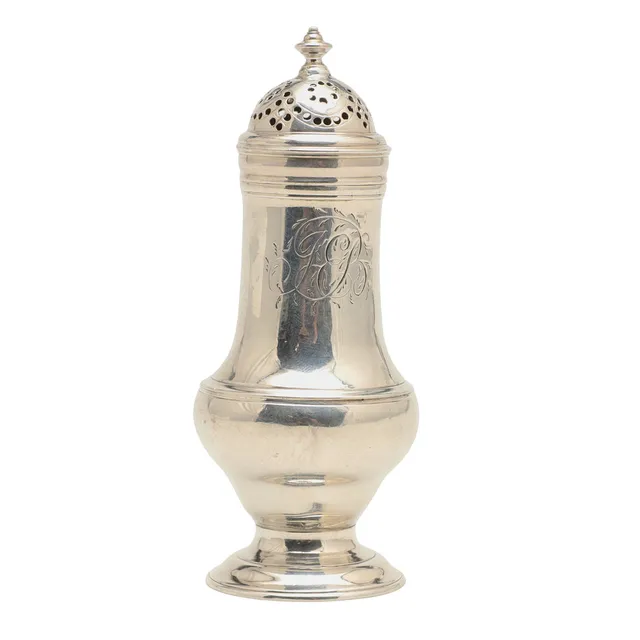 A GEORGE II SILVER PEPPER CASTER.