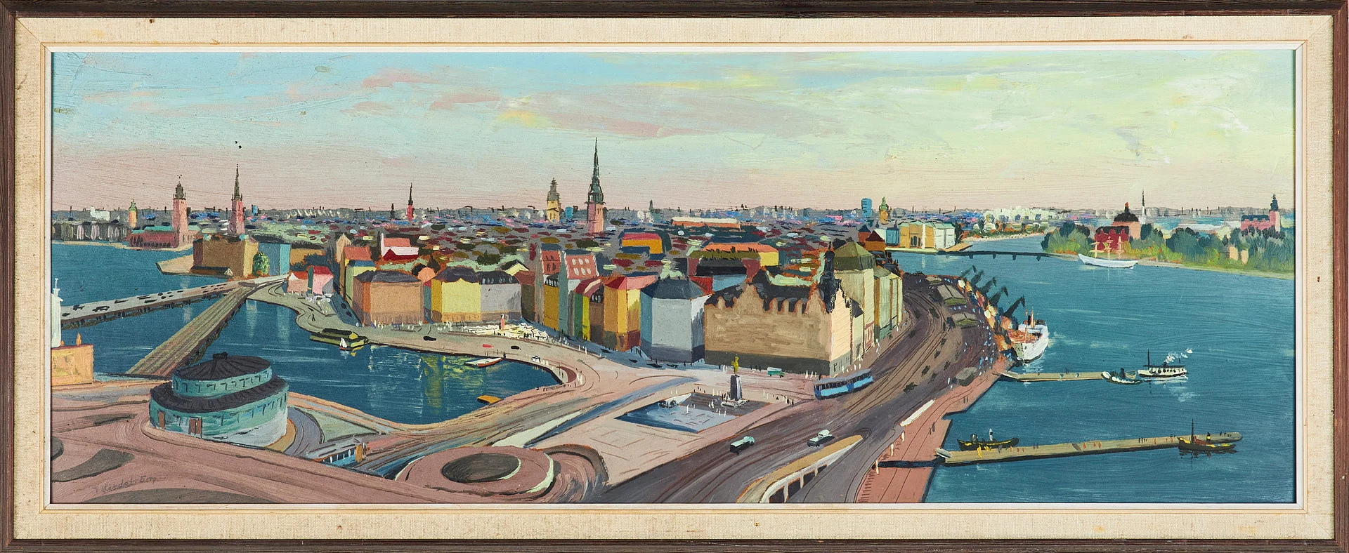 PER GUNNAR LINDSTRÖM. Motiv från Slussen, signerad, olja på pannå. — Paintings — Stockholms Auktionsverk Sickla