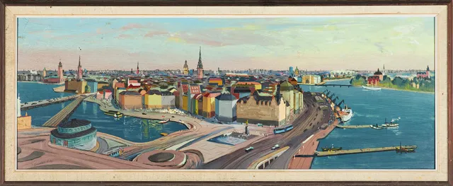 PER GUNNAR LINDSTRÖM. Motiv från Slussen, signerad, olja på pannå.