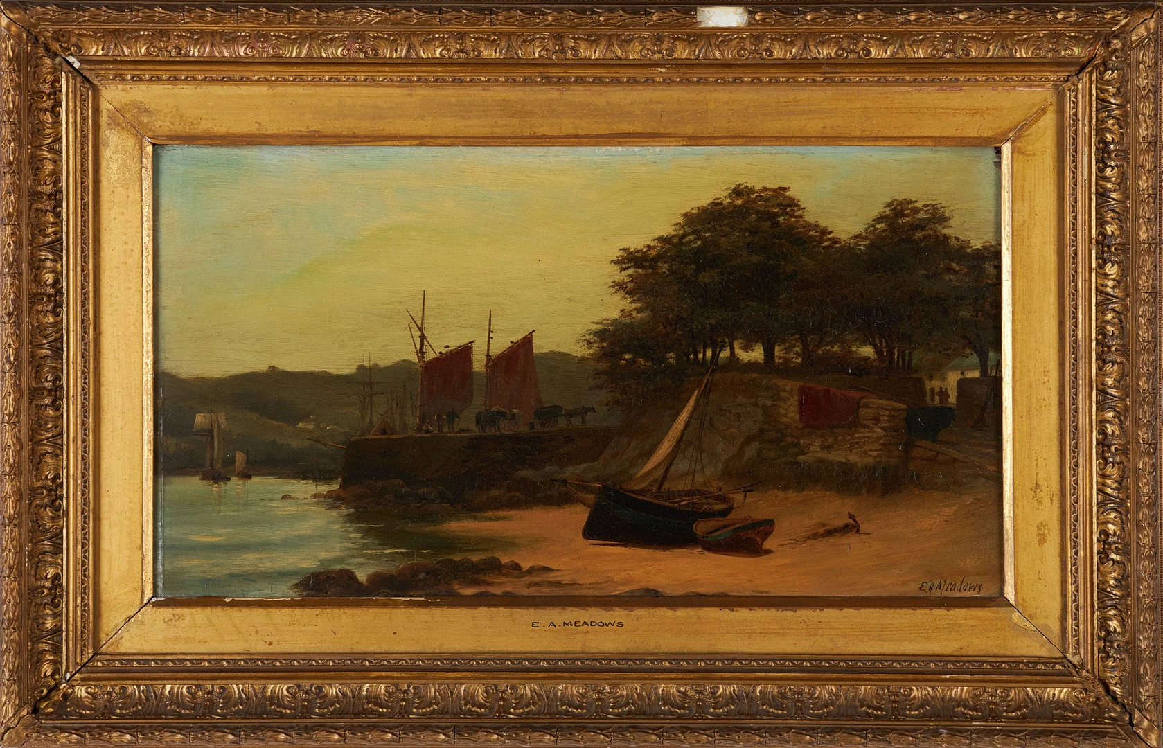 OIDENTIFIERAD KONSTNÄR. 1800-tal, England, kustvy med fiskeby, olja på pannå, signerad E A Meadows. — Paintings — Stockholms Auktionsverk Sickla