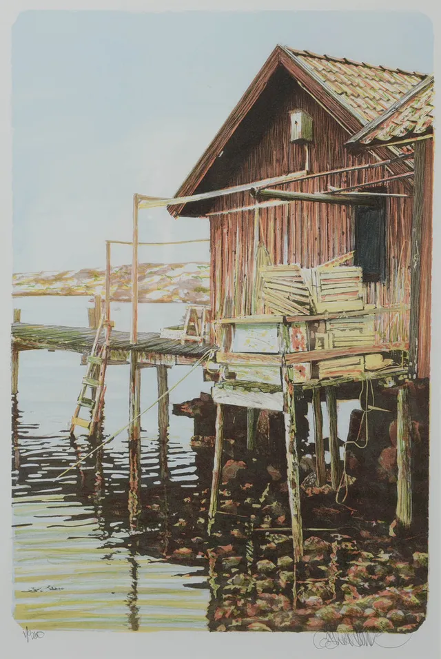 GÖRAN HAHNE. Fiskebod, färglitografi, signerad.