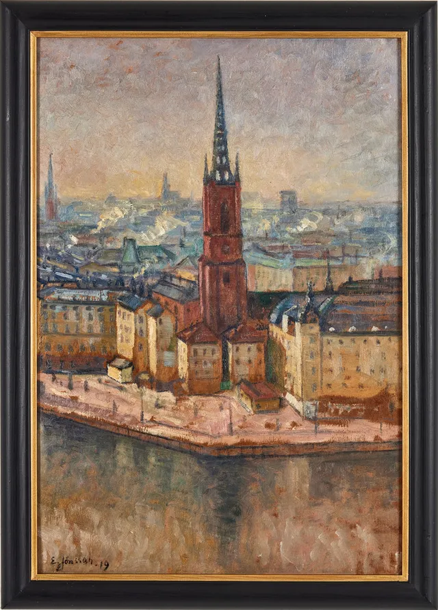ERIK JÖNSSON. Riddarholmskyrkan, olja på pannå av papp, 55 x 38 cm.