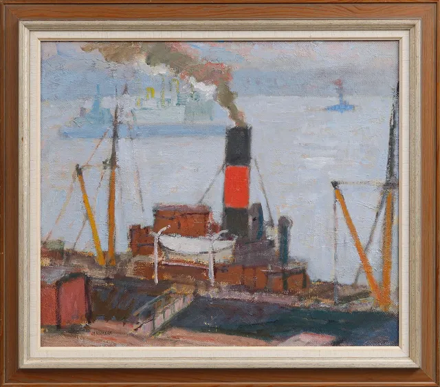 SIGGE JERNMARK. Hamnbild, olja på pannå, signerad.