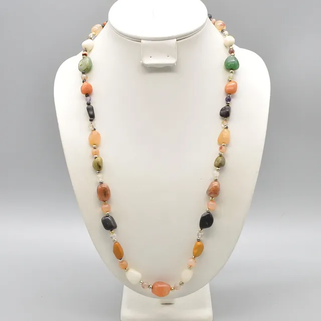 EDELSTEIN-MIX-COLLIER, POLIERTE PERLEN, SCHRAUBVERSCHLUSS, 20. JAHRHUNDERT.