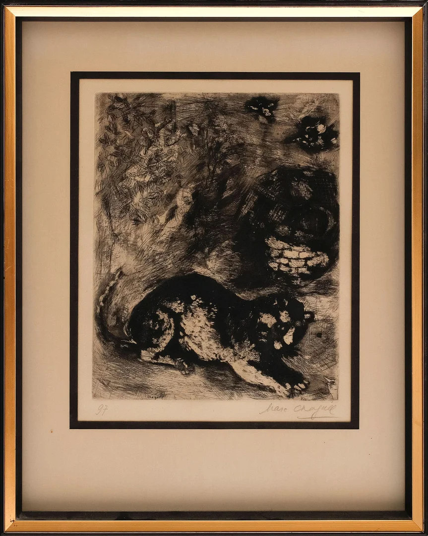 MARC CHAGALL. "Le chat et les deux moineaux", etsning, signerad med blyerts och i plåten samt numrerad 97. — Engravings & Prints — Göteborgs Auktionsverk