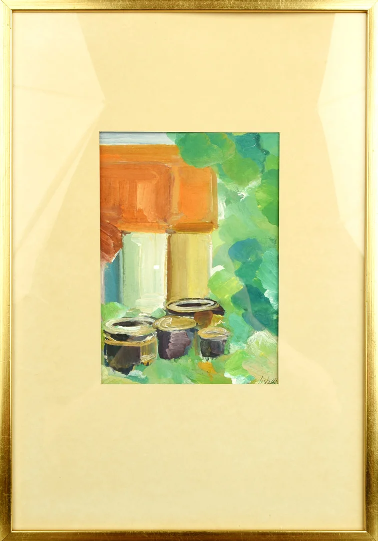 LISBETH LINDQVIST FORSBERG. Gouache på papper, "Fiskeläget", 1980. — Paintings — Norrlands Auktionsverk