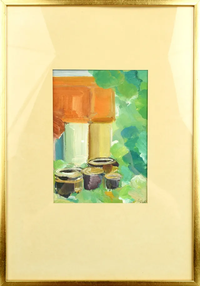 LISBETH LINDQVIST FORSBERG. Gouache på papper, "Fiskeläget", 1980.