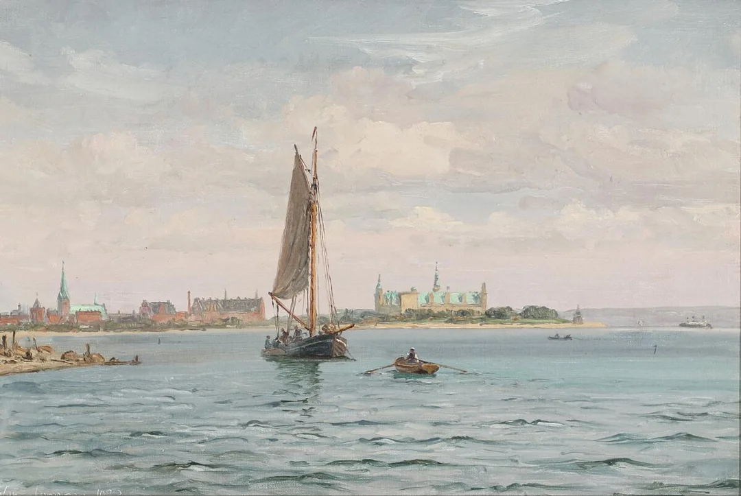 Vilhelm Arnesen: Ships at sea off the coast of Kronborg Castle. Signed and dated Vilh. Arnesen 1933. Oil on canvas. 39×43 cm. — Paintings — Bruun Rasmussen