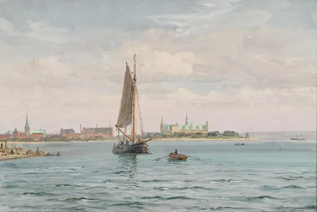 Vilhelm Arnesen: Ships at sea off the coast of Kronborg Castle. Signed and dated Vilh. Arnesen 1933. Oil on canvas. 39×43 cm.