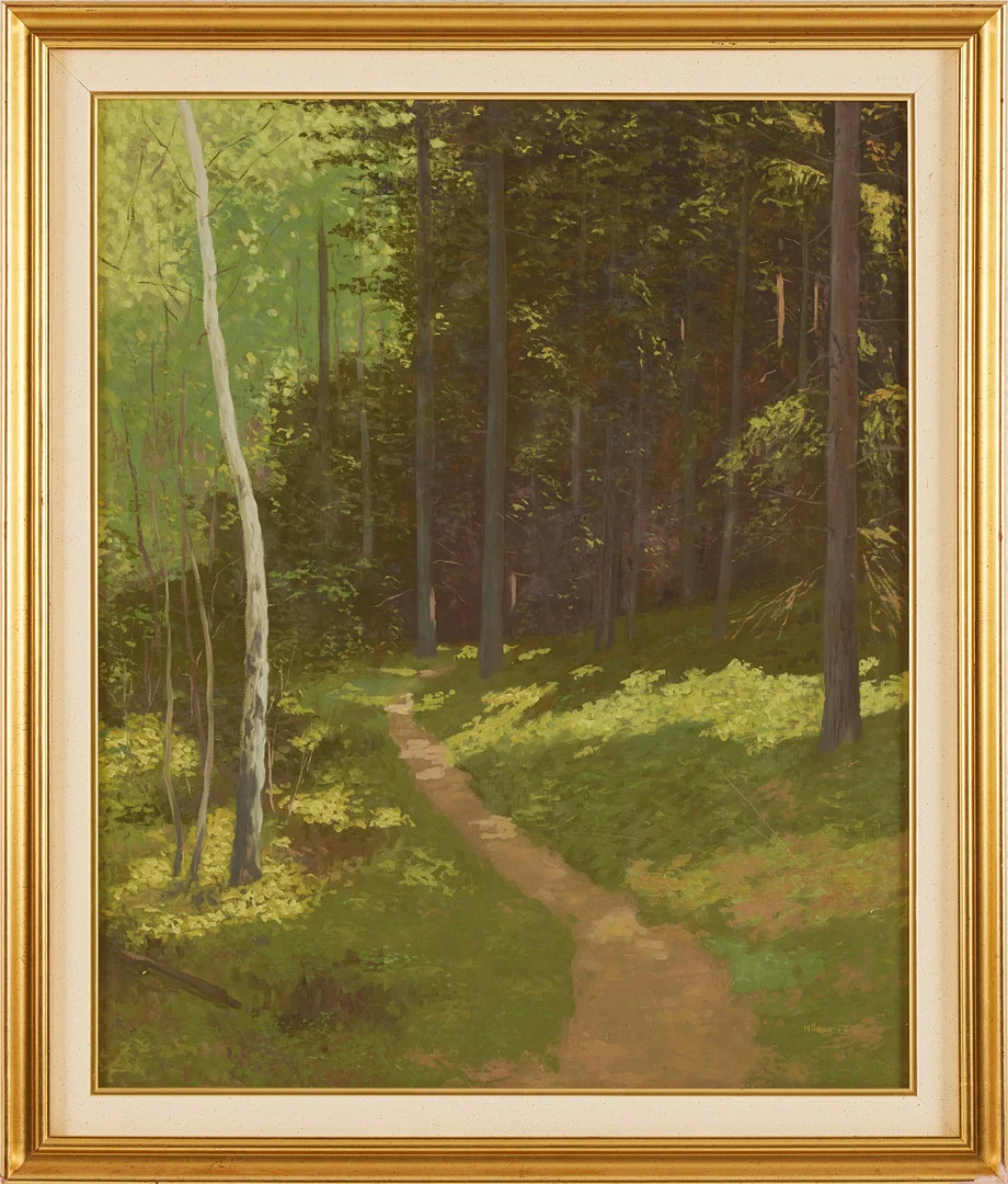 MATS NÖRLE. "Skogsvägen", olja på pannå. — Paintings — Stockholms Auktionsverk Magasin 5