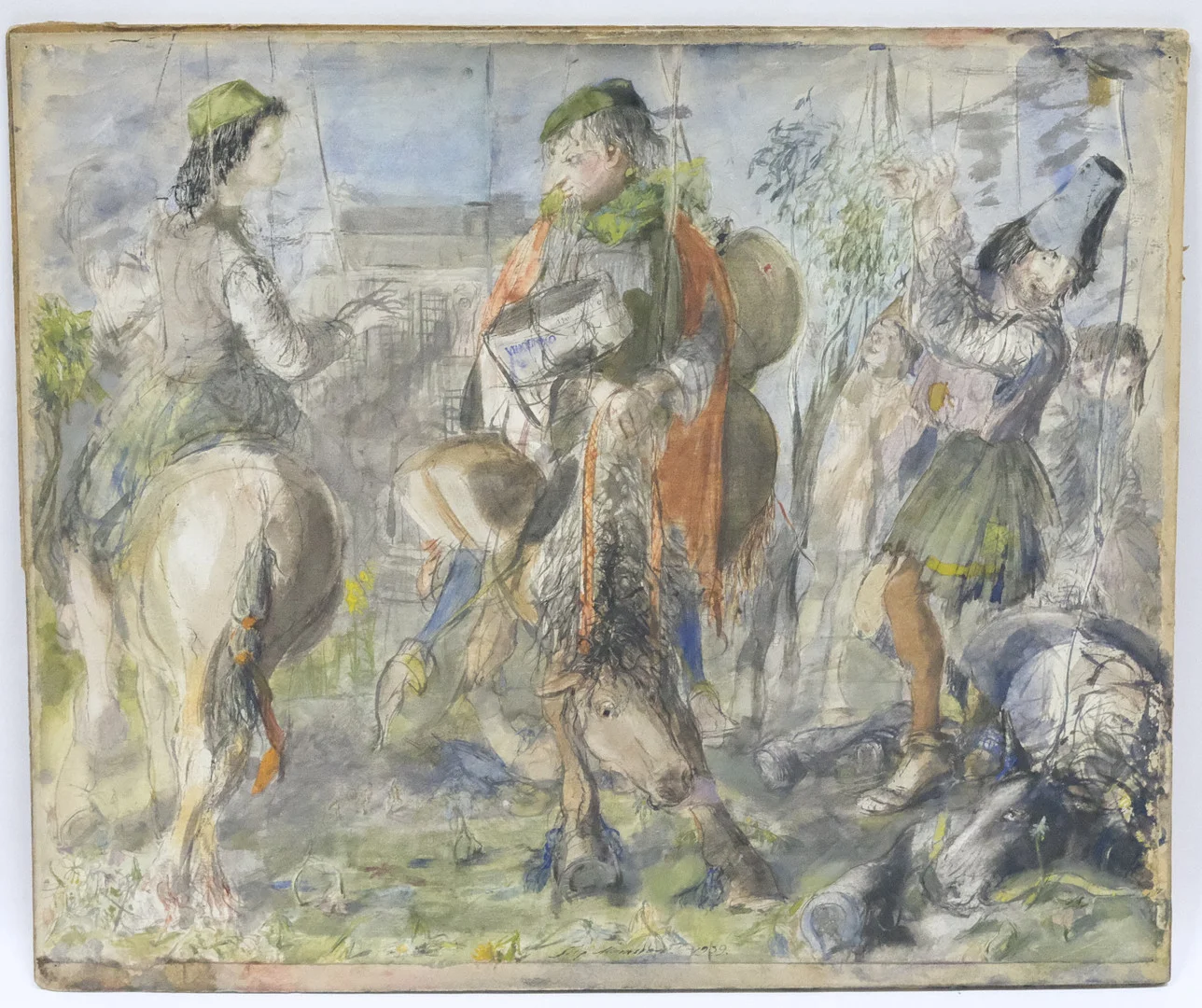 STIG MÅNSSON. AKVARELL UPPKLISTRAD PÅ PANNÅ. TIDNINGSFÖRSÄLJARE. — Paintings — Björnssons Auktionskammare