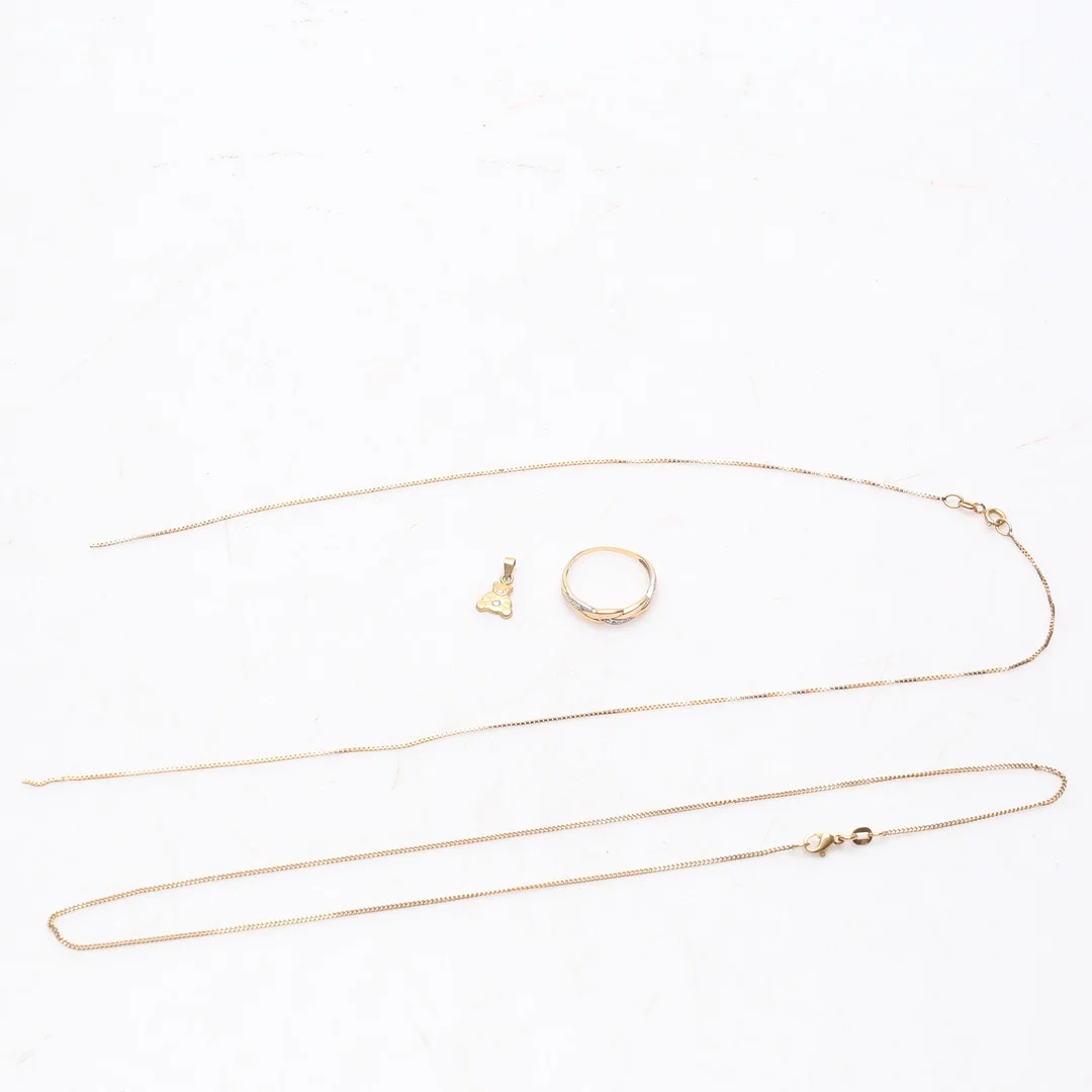 2 HALSBAND, RING med mindre diamanter samt HÄNGE, 18K, guld, vikt cirka 7,9 gram. — Jewellery — Gomér & Andersson Linköping