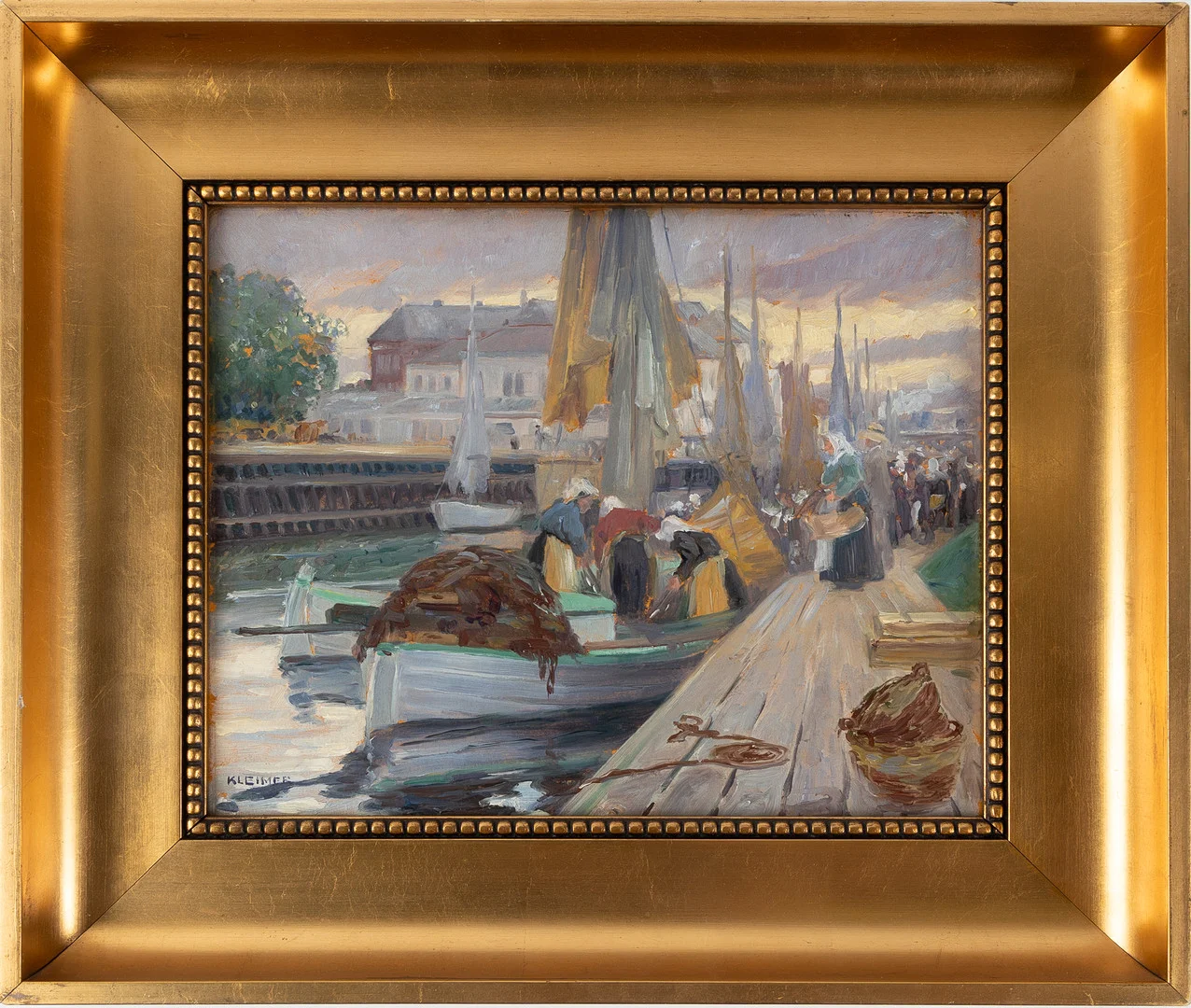 AXEL KLEIMER. "Sillfiskare i Malmö hamn", olja på pannå. — Engravings & Prints — Stockholms Auktionsverk Helsingborg