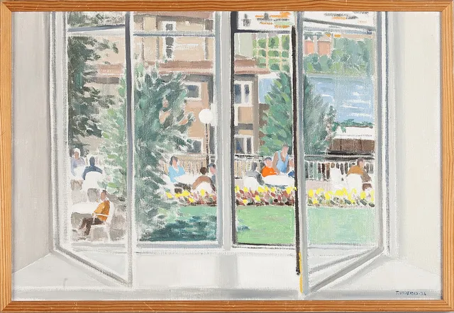 TORE WIDERYD (1908-1992). Fönsterutsikt - café, signerad och daterad T.WIDERYD -76, olja på duk.