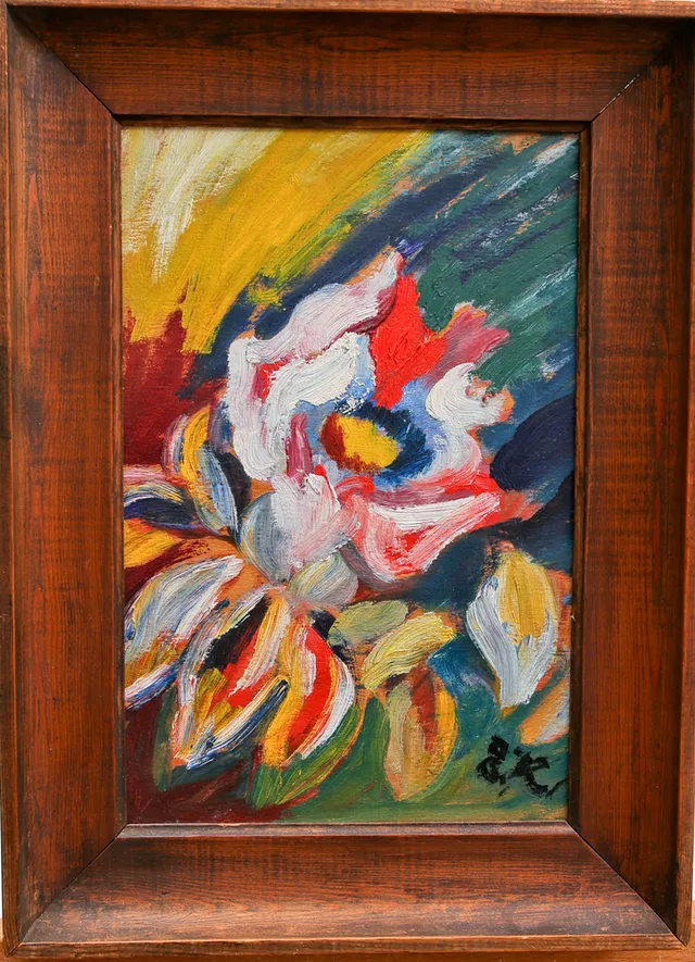 ESTER HENNING. Olja på pannå, blomstermotiv, monogramsignerad, E.H, 1900- tal.