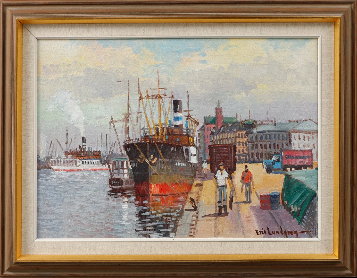 ERIC LUNDGREN. Hamnmotiv, olja på duk, signerad. — Paintings — Göteborgs Auktionsverk