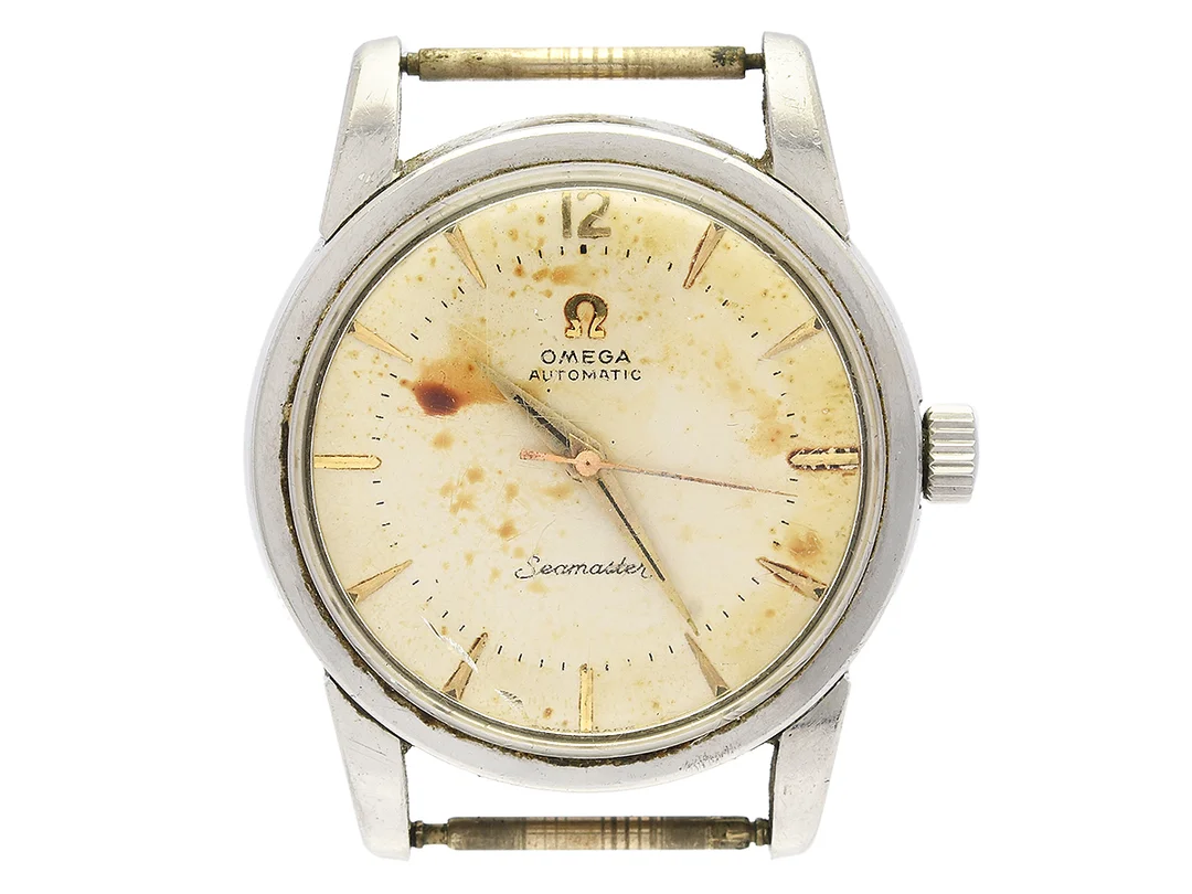OMEGA, Seamaster, Cal 501, Serie nr. 15176780, Ref nr. CK 2846, Boett nr. 2846 3 SC / 2848, herrur, 33,5 mm, stål, automatisk, plexiglas (skadat), skadad urtavla, ca 1956. — Klockor/Omega — Kaplans