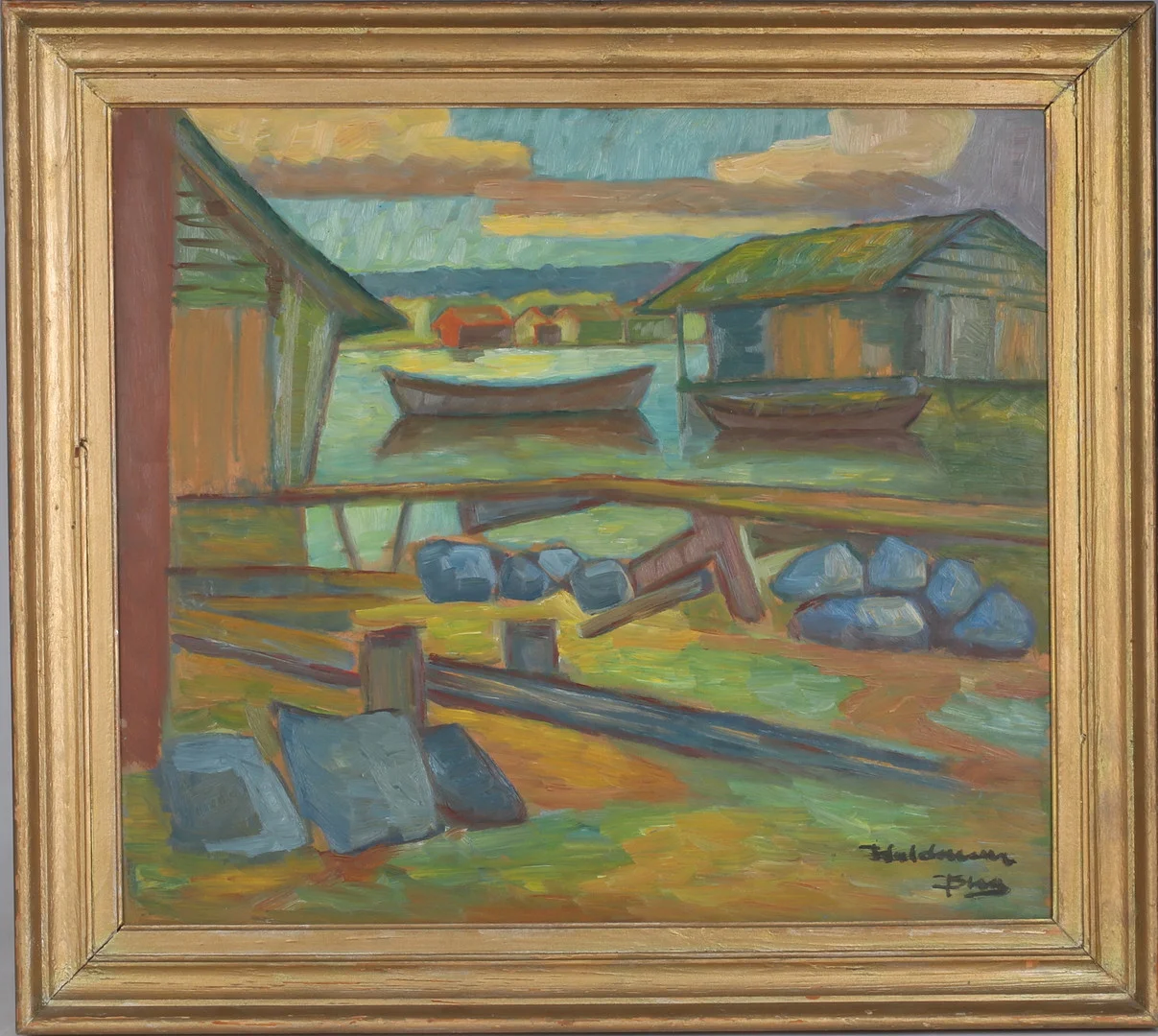 WALDEMAR BERG. Fiskeläge, olja på pannå, signerad. — Paintings — Stadsauktion Sundsvall