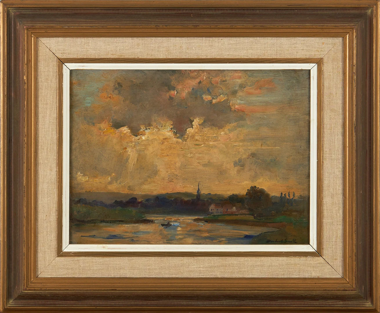 JAMES HERBERT SNELL. "Great Marlow on Thames", olja på pannå, signerad J. Herbert Snell, daterad 1919 a tergo. — Paintings — Stockholms Auktionsverk Magasin 5