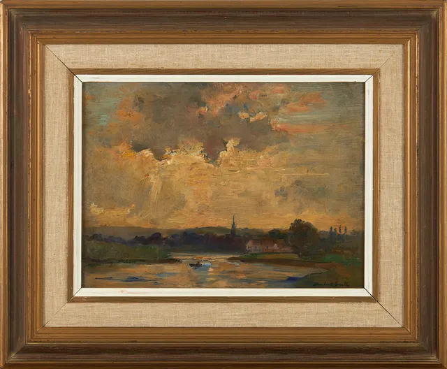 JAMES HERBERT SNELL. "Great Marlow on Thames", olja på pannå, signerad J. Herbert Snell, daterad 1919 a tergo.