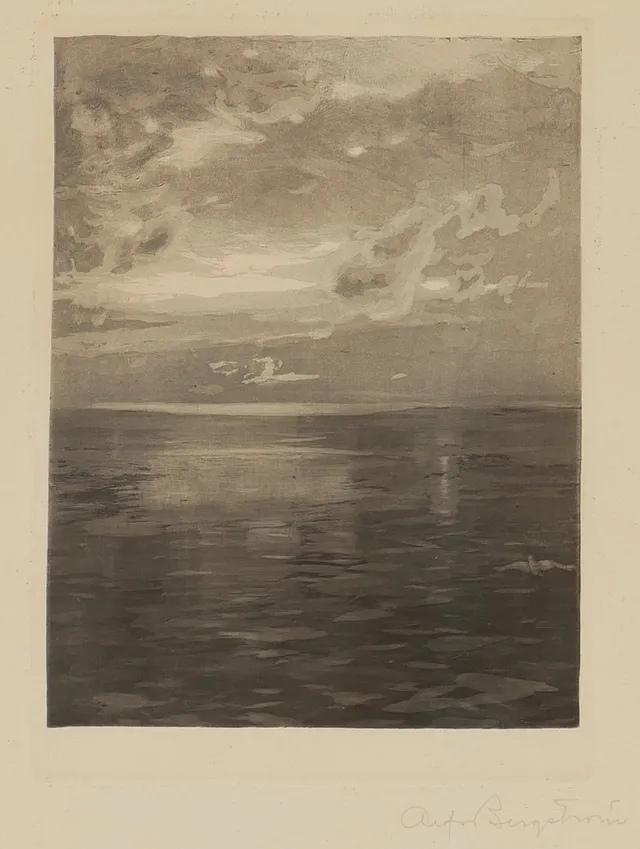 ALFRED BERGSTRÖM. "Kvällsstämning öfver havet", akvatintetsning, signerad.