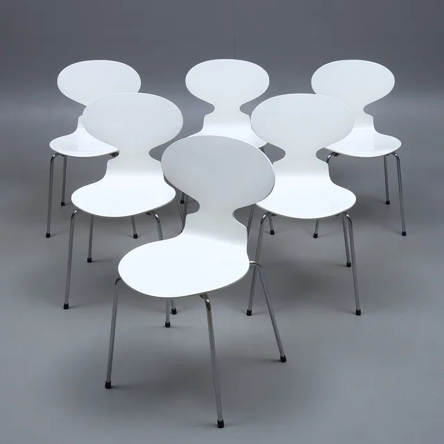 ARNE JACOBSEN. Stolar, 6 st, "Myran", Fritz Hansen, Danmark, 1984.